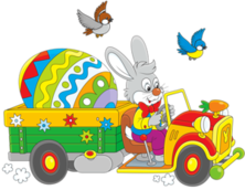 Zając jedzie samochodem z dużą pisanką